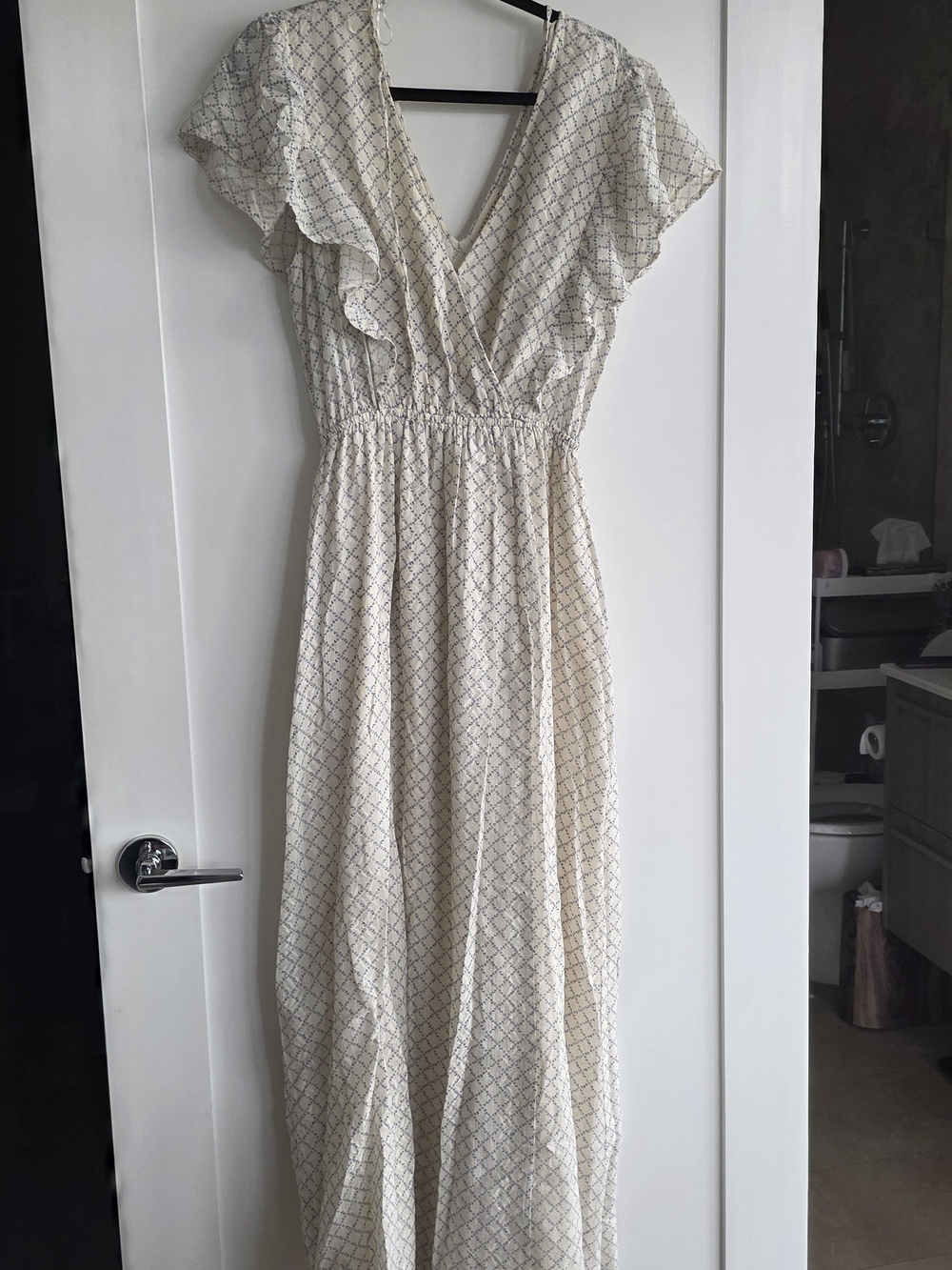 lovestitch Cream Maxi Dress with Subtle Blue Geometric Print